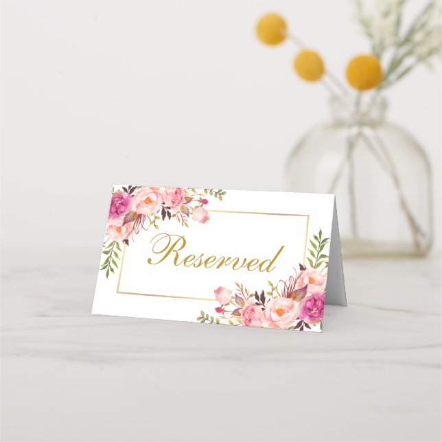 Carte De Placement Aquarelle rose Floral or Mariage Réservé (Devant)