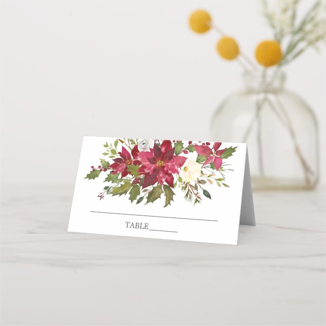 Carte De Placement Aquarelle Rouge Poinsettia Holly Fête des mariées (Devant)