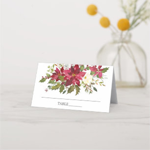 Carte De Placement Aquarelle Rouge Poinsettia Holly Fête des mariées
