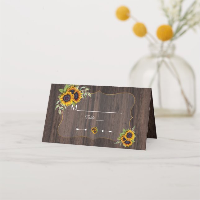 Carte De Placement Aquarelle rustique Tournesols Bois Numéro de table (Devant)