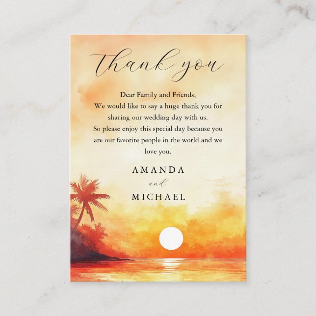 Carte De Placement Aquarelle Tropical Beach Sunset Mariage Merci (Devant)