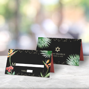 Carte De Placement Aquarelle tropicale Bat mitzvah d'or noir