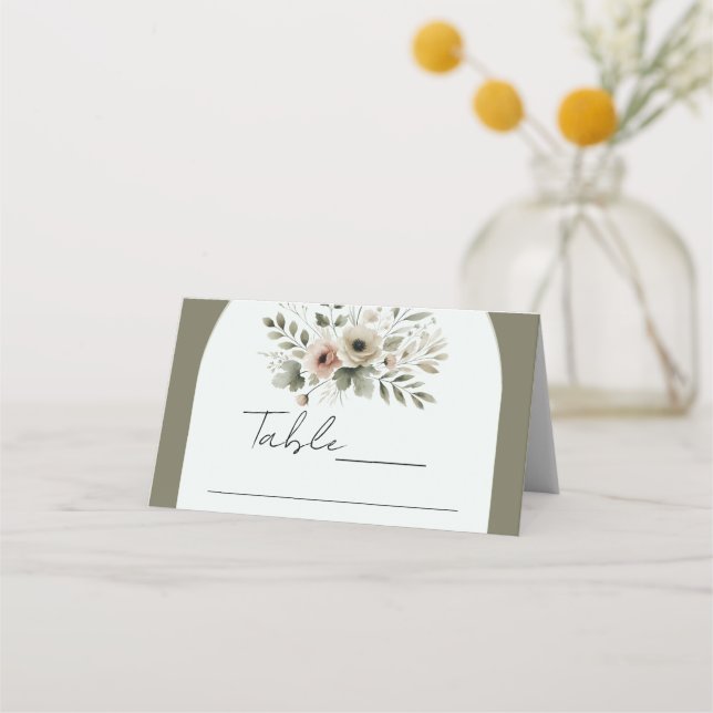 Carte De Placement Aquarelle vert d'olive kaki Mariage de fleurs (Devant)