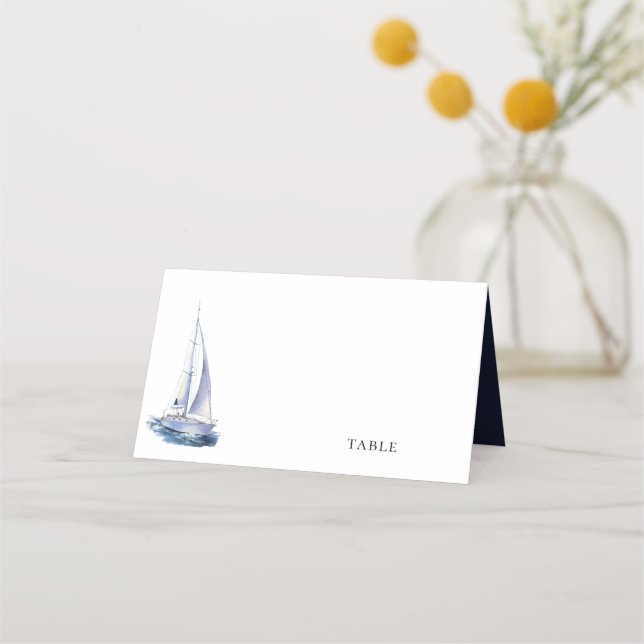Carte De Placement Aquarelle Yacht Thème nautique Mariage bleu marine (Devant)