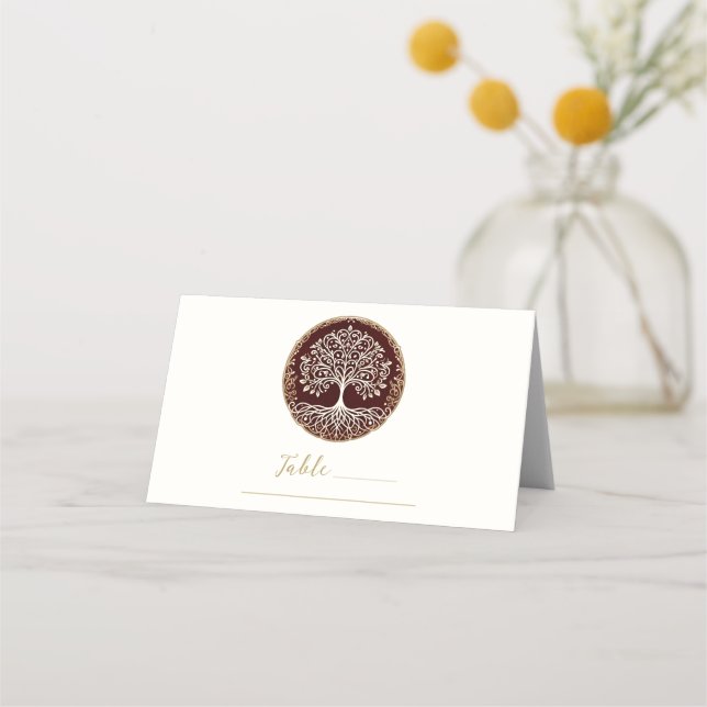 Carte De Placement Arbre de Vie Rustique Rouge Foncé Table de Mariage (Devant)