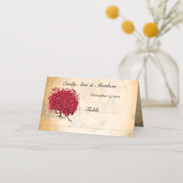 Carte De Placement Arbre feuille de coeur rouge mariage sur Rose d'or (Devant)
