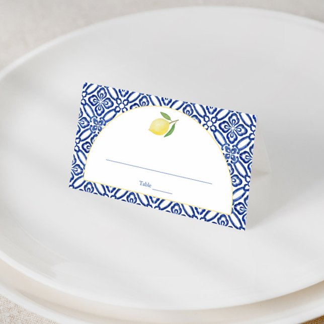Carte De Placement Arc Forme Amalfi Citron Bleu Carreaux d'impression (Modern classic wedding shower place card design featuring an antique azulejo design, arch and lemon)