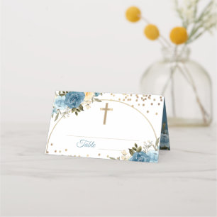 Carte De Placement Arc Gold Dusky Blue Floral Première Communion Sain