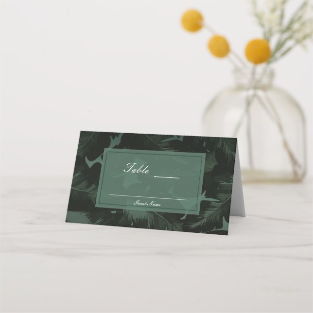 Carte De Placement Assise de table Chic Vert & Noir Feuilles Tropical (Dos)