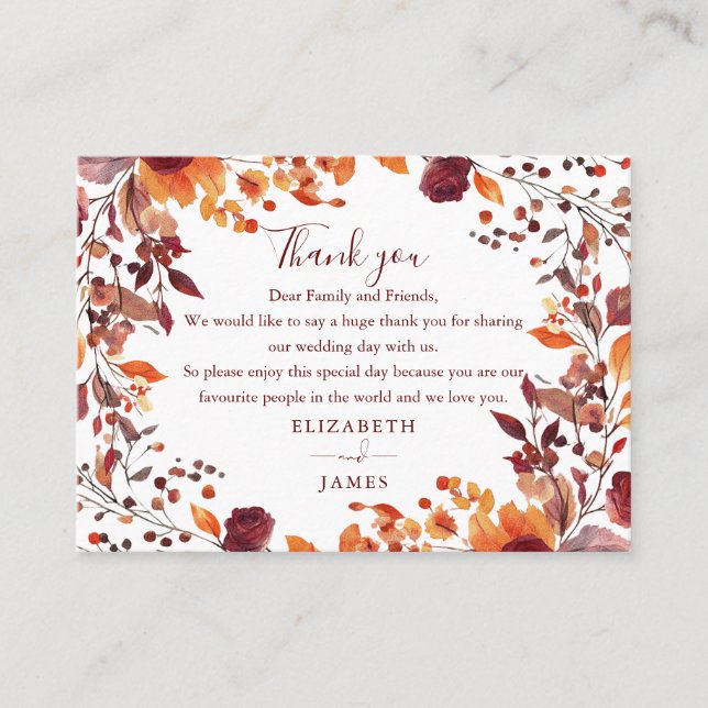 Carte De Placement Automne Rustique automne Mariage Floral Merci (Devant)