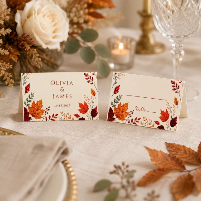 Carte De Placement Automne rustique feuilles ivoire et orange (Créateur téléchargé)
