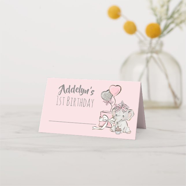 Carte De Placement Baby Girl Princess Elephant rose Grey 1er annivers (Devant)