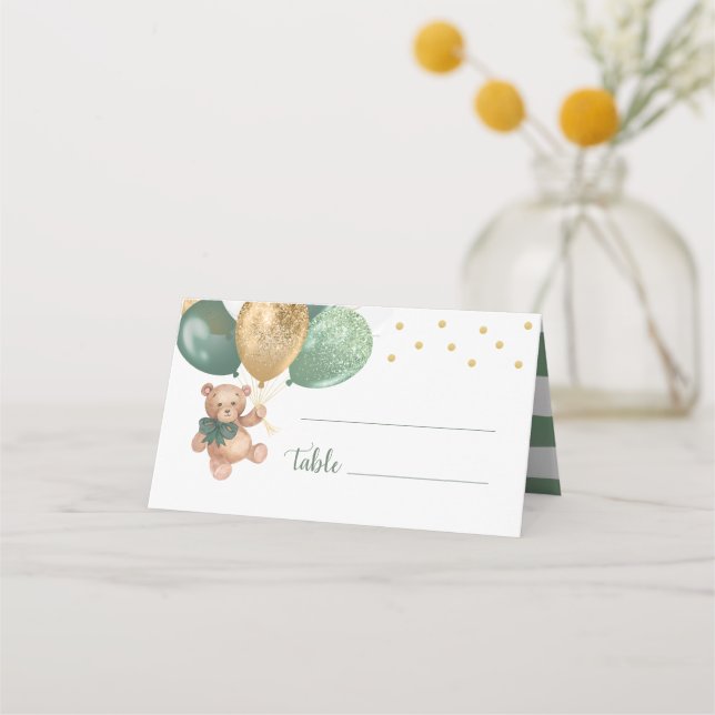 Carte De Placement Baby shower de ballons verts Teddy Bear Sage (Devant)