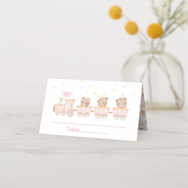 Carte De Placement Baby shower de train rose ours Numéro de tableau (Devant)