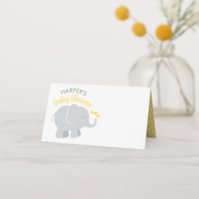 Carte De Placement Baby shower d'éléphant jaune et gris moderne (Devant)