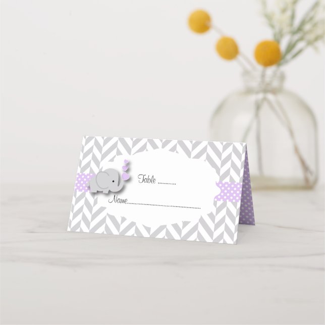 Carte De Placement Baby shower d'éléphant violet et gris | À double f (Devant)