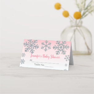 Carte De Placement Baby shower d'hiver rose et argenté Snowflake