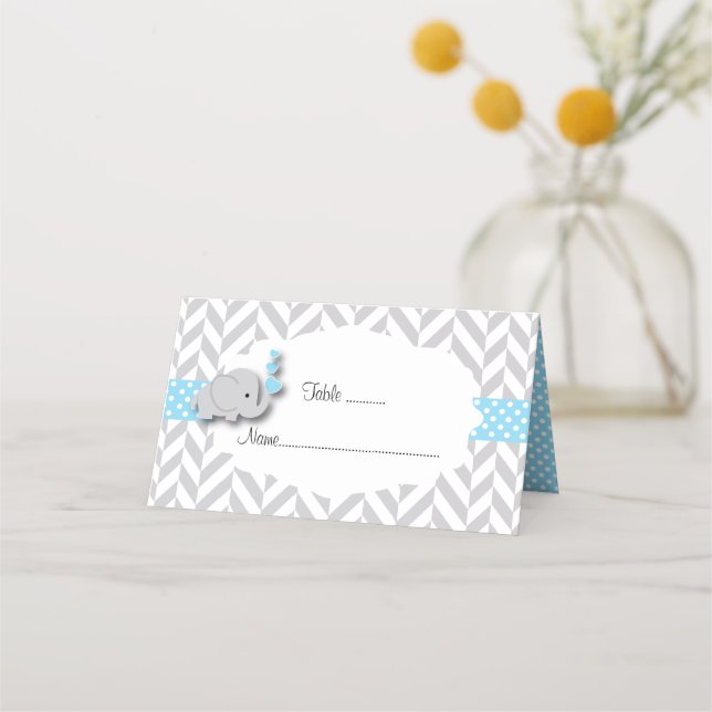 Carte De Placement Baby shower éléphant bleu et gris (Devant)