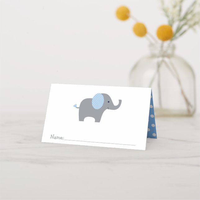 Carte De Placement Baby shower Eléphant Polka bleu et blanc (Devant)