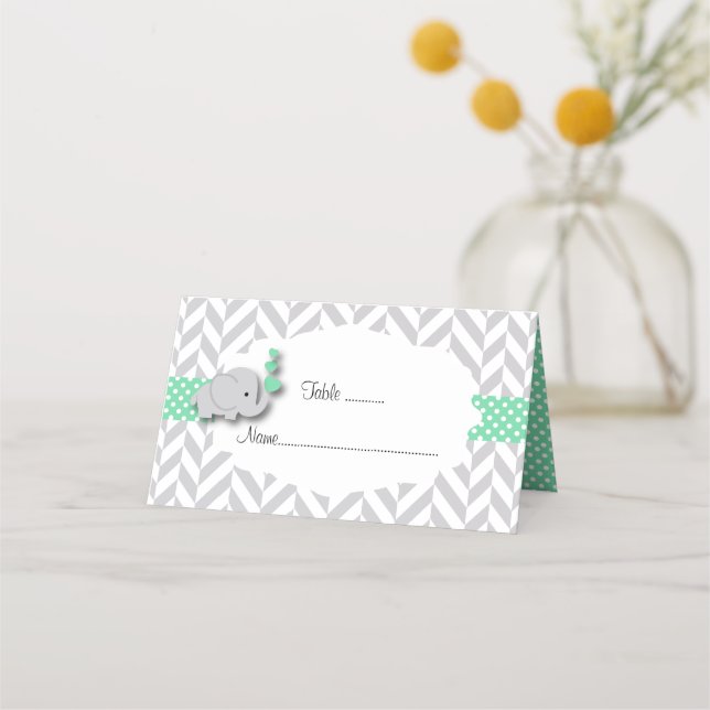 Carte De Placement Baby shower éléphant vert et gris | Double face (Devant)