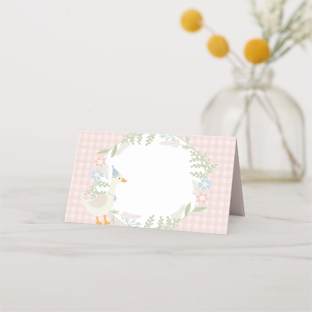 Carte De Placement Baby shower Floral En vichy d'oie soie rose (Devant)