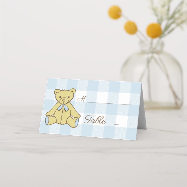 Carte De Placement Baby shower Garçon Ours Bleu Blanc Plaid (Devant)