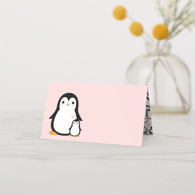 Carte De Placement Baby shower Pingouin mignon fille rose (Devant)