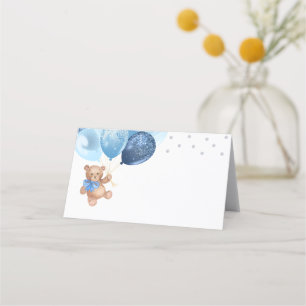 Carte De Placement Baby shower plié Bleu Ours En Argent Teddy