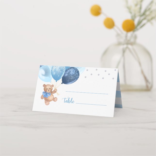 Carte De Placement Baby shower plié Bleu Ours En Argent Teddy (Devant)