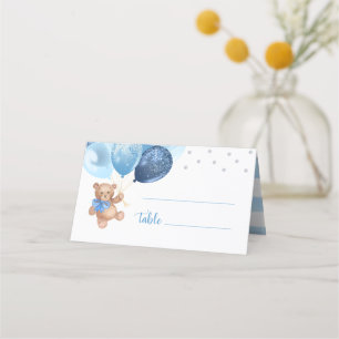 Carte De Placement Baby shower plié Bleu Ours En Argent Teddy