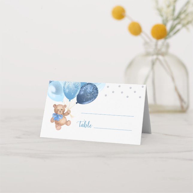 Carte De Placement Baby shower plié Bleu Ours En Argent Teddy (Devant)