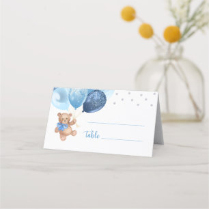 Carte De Placement Baby shower plié Bleu Ours En Argent Teddy