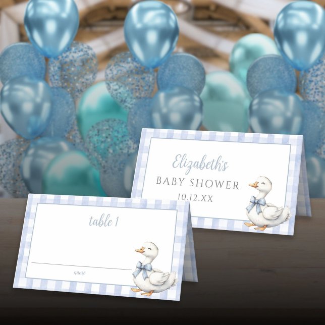 Carte De Placement Baby shower Silencieux En vichy bleu petit oie (Silly Little Goose Blue Gingham Baby Shower Place Card)
