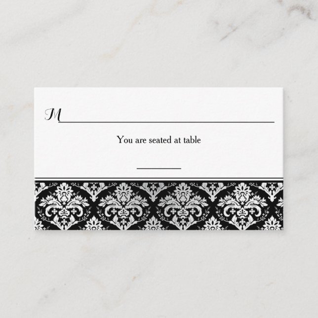 Carte De Placement Balise Noir Argent Damask Place Card et Favoriser (Devant)