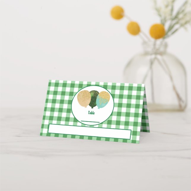Carte De Placement Balloons en Glitter Gingham Vert sur Table Pliée  (Devant)