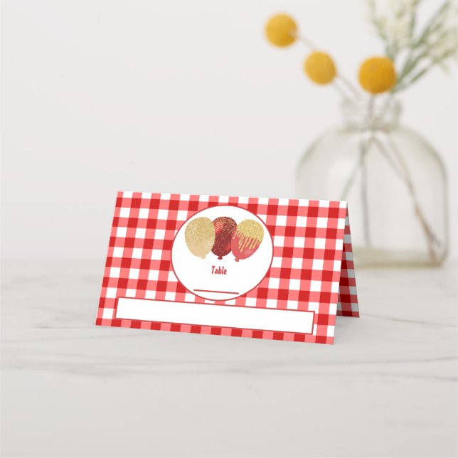 Carte De Placement Balloons Pailletés Rouge Gingham Table Pliée  (Devant)