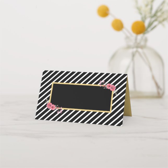 Carte De Placement Bandes noires chic avec Fleurs d'aquarelle (Devant)
