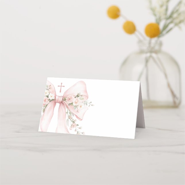 Carte De Placement Baptême chrétien élégant d'une fille - Ruban flora (Devant)