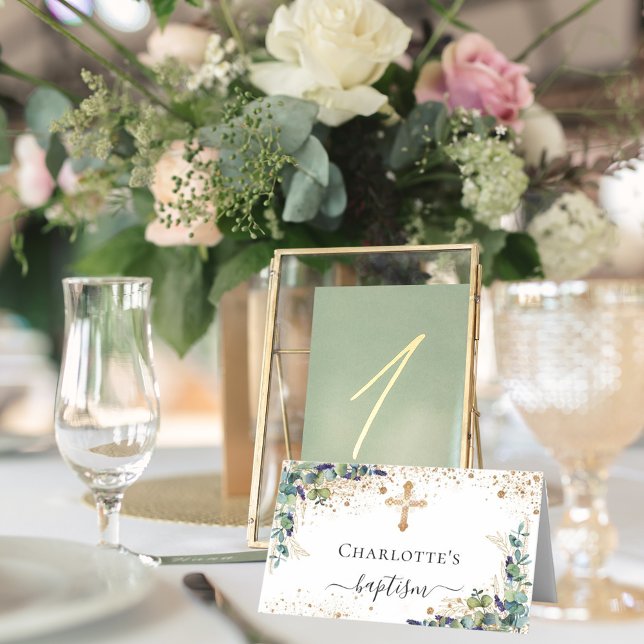 Carte De Placement Baptême eucalyptus or parties scintillant poussièr (Créateur téléchargé)