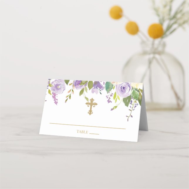 Carte De Placement Baptême floral mauve et or plié (Devant)