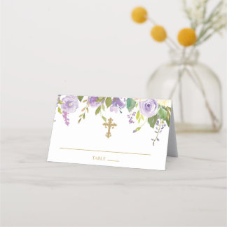 Carte De Placement Baptême floral mauve et or plié
