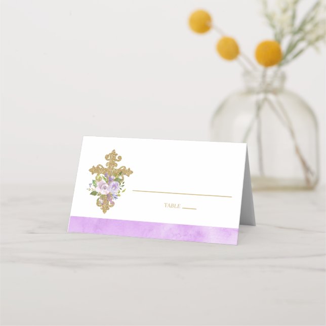 Carte De Placement Baptême floral mauve et or plié (Devant)