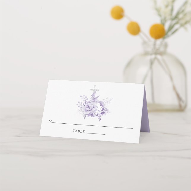 Carte De Placement Baptême ou baptême floral Lilac et Argent (Devant)