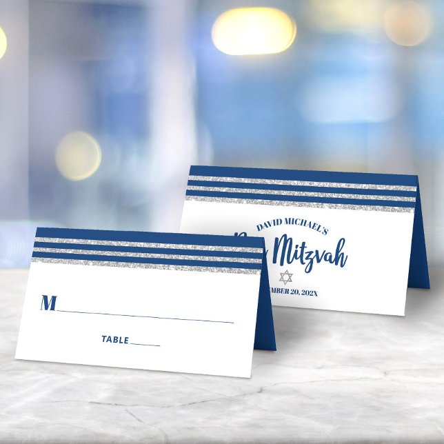 Carte De Placement Bar Mitzvah Modern Navy Blue Silver Tallit Script (Créateur téléchargé)