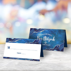 Carte De Placement Bar Mitzvah Moderne Agate bleu Galaxy Aquarelle