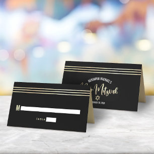 Carte De Placement Bar Mitzvah Noir Or Foil Tallit Écriture Moderne