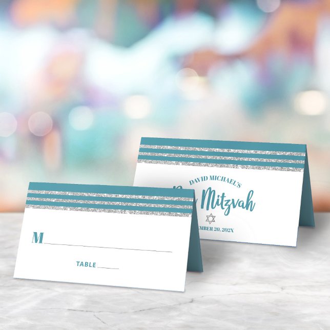 Carte De Placement Bar Mitzvah Turquoise Talit Argent Écriture Modern (Créateur téléchargé)