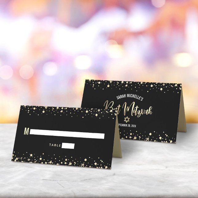 Carte De Placement Bat mitzvah Black Gold Foil Script Confetti Modern (Créateur téléchargé)