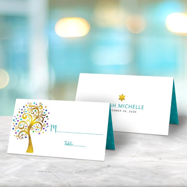 Carte De Placement Bat mitzvah d'or moderne et Turquoise Arbre de vie (Créateur téléchargé)