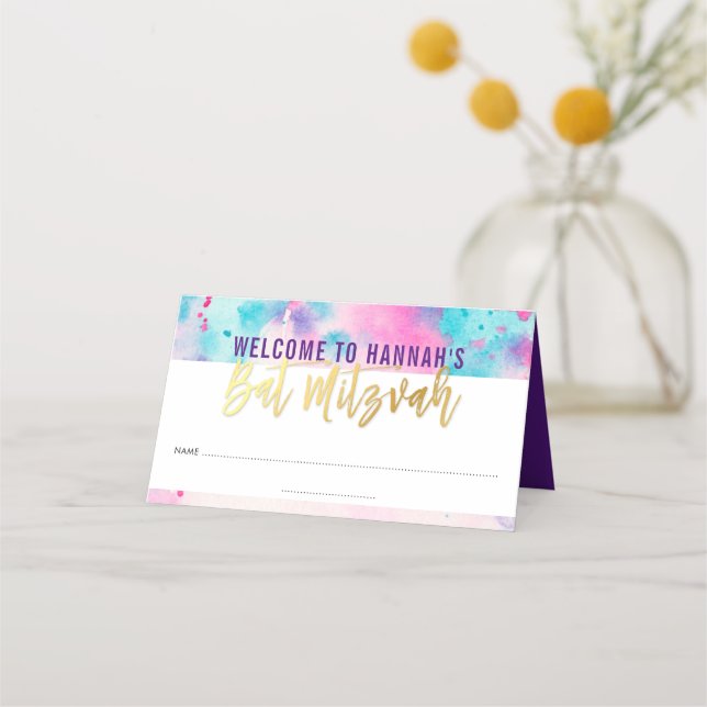 Carte De Placement BAT MITZVAH mignon rose pourpre aqua or aquarelle (Devant)